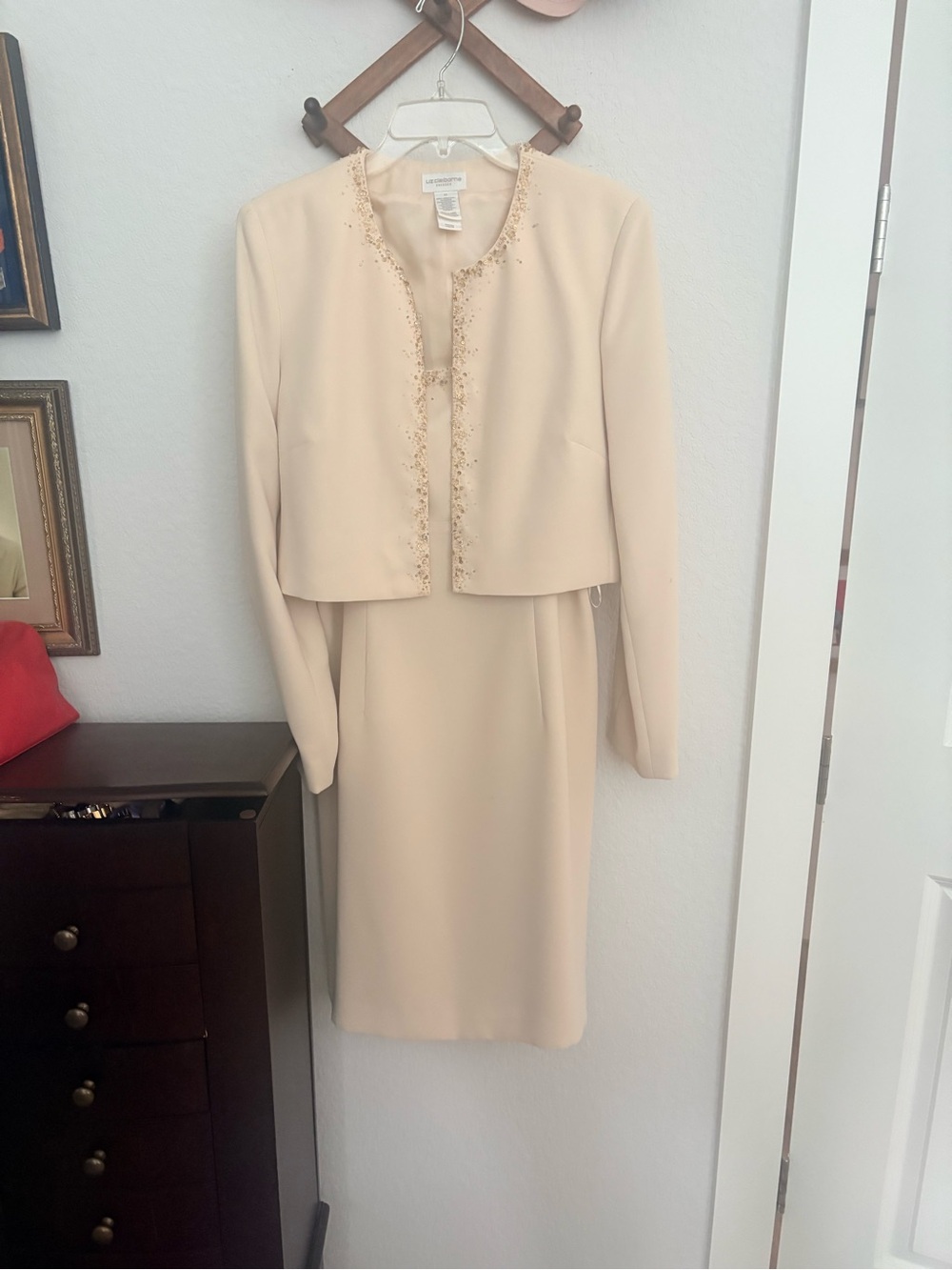 Liz Claiborne Cream Suit with Beaded Trim Jacket